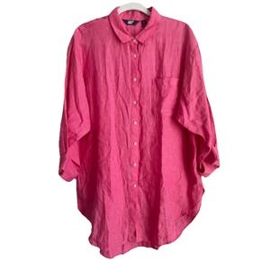 Lands End Womens Long Sleeve Linen Tunic Top Button Down Pink Size XL/18 Relaxed